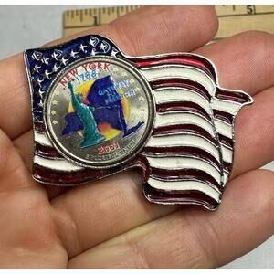 American Flag Lapel Pin - 2001 New York State Quarter - Pledge On Back